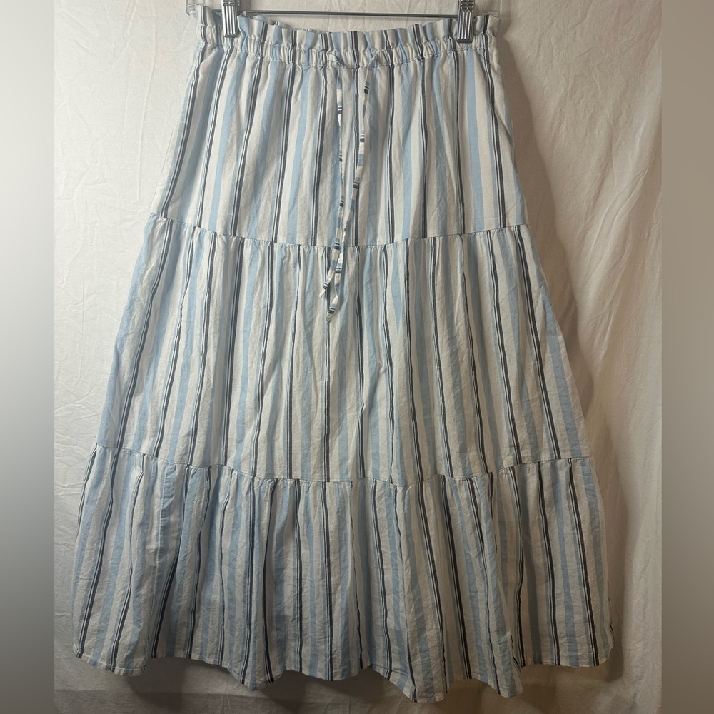 J.Crew Tiered Midi Skirt Women’s XS Blue White Striped Lined Elastic Waist